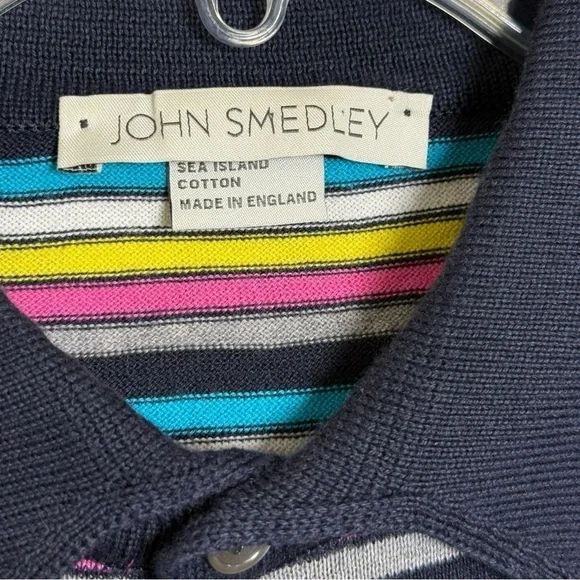 John Smedley Knit Polo Shirt Size XL Navy Multicolor Stripe Preppy - Picture 5 of 7